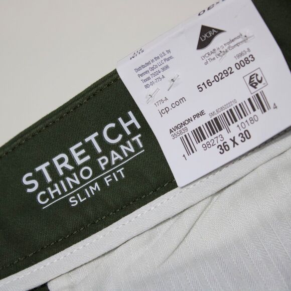 NWT St. John's Bay Stretch Chino Slim Fit Flat Front Pant Army Green Men 36x30 - Picture 9 of 11